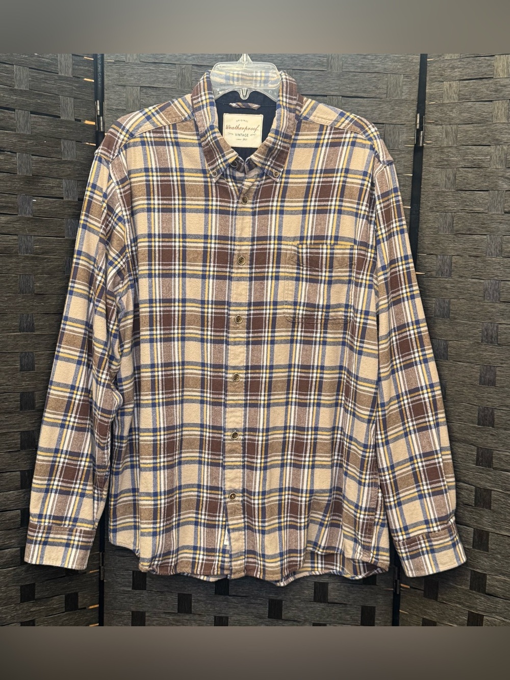 Weatherproof Vintage Men's Plaid Button-Up Shirt in Blue Brown and Cream